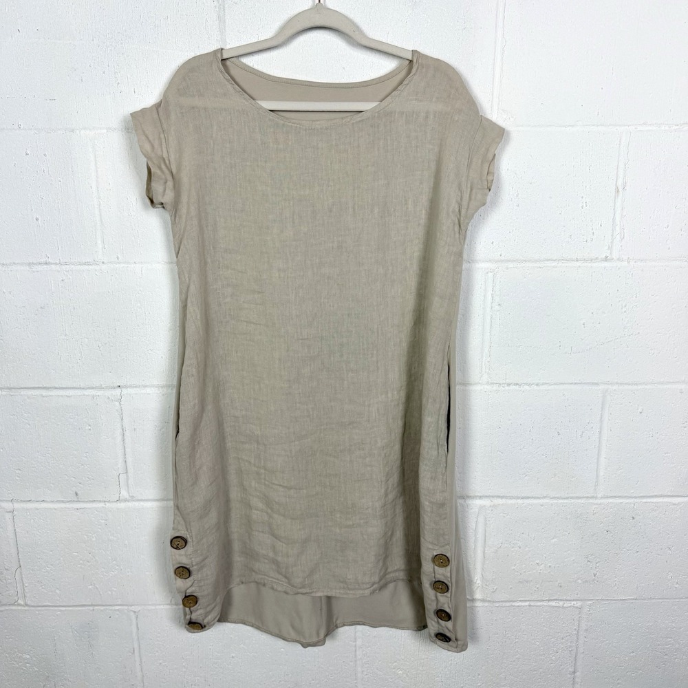 Linen Knit Mixed Media Dress Tan SZ M Hi-Lo‎ Button Hem Lagenlook Minimal Beach